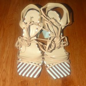 Tan & White Abstract Heel Sandals, Size 8, Tie Up